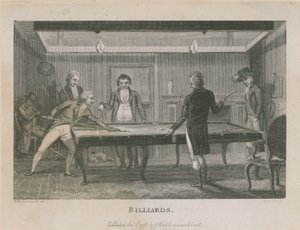 Illustration, die eine Gruppe von Männern beim Billardspielen darstellt von English School