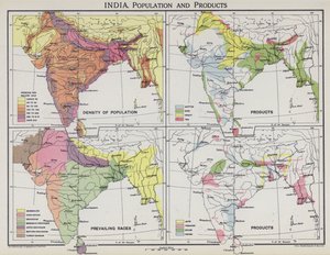 Indien, Bevölkerung und Produkte (Farblithografie) von English School