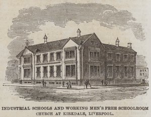 Industrieschulen und kostenlose Schulräume für Arbeiter in der Kirche von Kirkdale, Liverpool (Stich) von English School