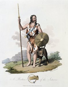 Bewohner der Britischen Inseln und sein Hund - in „Celts and Goths, customs of the inhabitants of the British Isles of the early 6th century and of the Goth nations of the west coast of the Baltic“ von English School