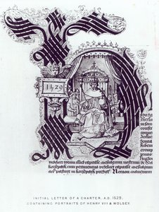 Initialbuchstabe einer Urkunde mit Porträts von Heinrich VIII. und Wolsey, 1529 von English School