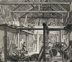 Innenansicht des Versammlungshauses von John Bunyan in der Zoar Street, Gravel Lane, Southwark, genutzt als Werkstatt und Sägewerk, ca. 1822 von English School