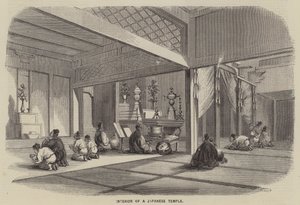 Innenraum eines japanischen Tempels (Gravur) von English School