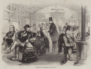 Innenraum eines amerikanischen Eisenbahnwagens (Stich) von English School