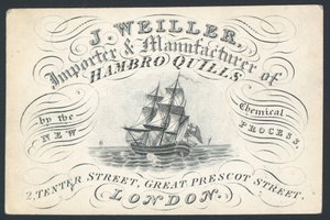 J. Weiller, Importeur und Hersteller von Hambro-Federn, 2 Tenter Street, Visitenkarte