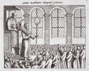 James Bainham zur Buße verurteilt, Illustration aus Acts and Monuments von John Foxe, neunte Ausgabe, veröffentlicht 1684 von English School