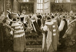 James I. investiert seinen Sohn Charles als Prinz von Wales, 1616, Illustration aus Hutchinsons Geschichte der britischen Nation, ca. 1923 von English School