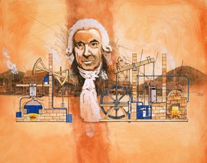 James Watt mit Brennöfen und mechanischen Pumpen im Hintergrund von English School