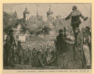 John Burns spricht zu einer Versammlung von Dockarbeitern auf Tower Hill