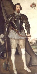 John Nedham in Rüstung mit einer Axt