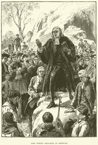 John Wesley, predigend in Cornwall (Gravur) von English School