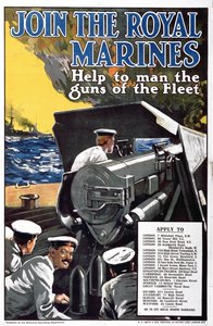 Treten Sie den Royal Marines bei - Helfen Sie, die Geschütze der Flotte zu bemannen, Erster Weltkrieg Rekrutierungsplakat