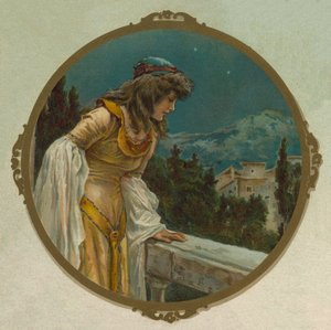 Julia auf ihrem Balkon, Szene aus Shakespeares Romeo und Julia (Chromolithographie)
