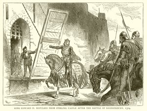 König Eduard II. wird nach der Schlacht von Bannockburn von Stirling Castle zurückgeschlagen, 1314 von English School