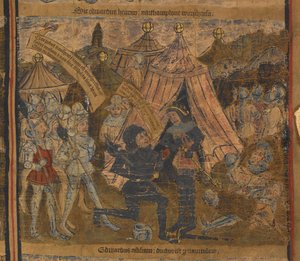 König Heinrich VI. wird nach der Schlacht von Northampton 1460 von Edward von York (später König Edward IV.) und den Grafen von Warwick und Salisbury gefangen genommen, Illustration aus 
