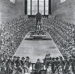 König James I (1566-1625) im Parlament, 1624
