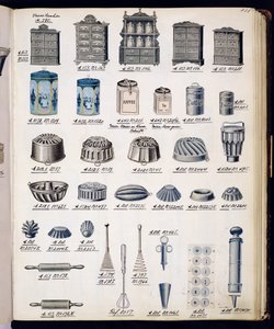 Küchenlager und Utensilien aus einem Handelskatolog für Haushaltswaren und Einrichtungsgegenstände, ca. 1890-1910 von English School