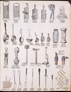 Küchenutensilien, aus einem Handelskatolog für Haushaltswaren und Einrichtungsgegenstände, ca. 1890-1910 von English School