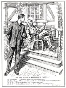 LLoyd George und Bonar Law diskutieren die Aussicht auf eine allgemeine Wahl, Februar 1920 von English School