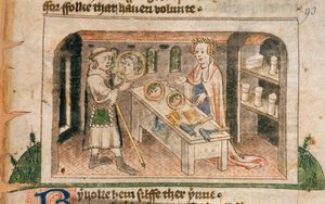 Lady Hagiographie zeigt einem Pilger ihre Sammlung von Salben und Toilettenartikeln, Illustration aus der englischen Übersetzung von 