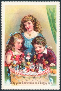 Dame und Kinder bewundern Weihnachtskuchen, Weihnachtskarte von English School