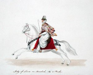 Dame von Lima zu Pferd in einem Poncho von English School