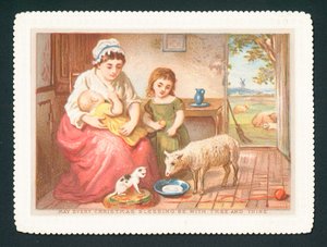 Lamm trinkt Milch in der Küche, Weihnachtskarte