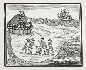 Landung der meuternden Besatzung auf der Insel, Illustration aus Chap-books des achtzehnten Jahrhunderts von John Ashton, veröffentlicht 1882