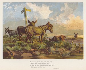 Landschaft mit Eseln und Vögeln (Farblithografie)