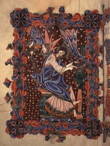 Lat 14782 f.16v St. Matthäus schreibt sein Evangelium, ca. 1080 (Pergament) von English School