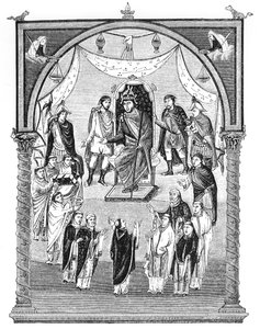 Lat 1 f.423r Karl der Kahle, König von Frankreich (823-77) auf dem Thron, in Auftrag gegeben von Abt Vivian aus dem Kloster St. Martin in Tours, aus der Ersten Bibel von Karl dem Kahlen, 843-51, Illustration
