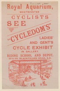Flugblatt zur Werbung für die Cycledoms Damen- und Herrenrad-Ausstellung im Royal Aquarium von English School