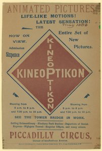 Flugblatt, das den Kineoptikon, Piccadilly Circus bewirbt von English School