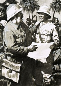 Leutnant Downes und der Künstler Melton Prior mit Priors Zeichnung des Angriffs auf Minhla