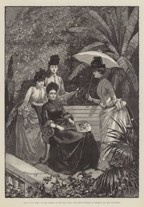 Leben in San Remo, in den Gärten der Villa Zirio, die Kronprinzessin von Deutschland und ihre Töchter (Gravur) von English School