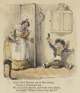 Kleiner Jack Horner, saß in der Ecke, aß einen Weihnachtspudding, er steckte seinen Daumen hinein und zog eine Pflaume heraus und sagte: "Was für ein tapferer Junge bin ich!" von English School