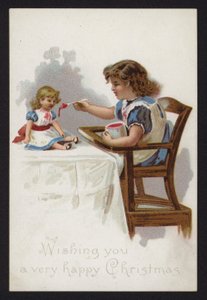 Kleines Mädchen spielt Puppenfüttern, Weihnachtsgrußkarte, späte 19. oder frühe 20. Jahrhundert von English School
