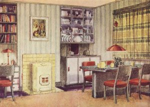 Wohnzimmer mit Essbereich und Festbrennstofffeuer
