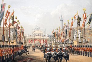 London Bridge, bewacht von der Honourable Artillery Company of London, aus Ein Gedenkbuch zur Hochzeit von Edward VII. und Alexandra von Dänemark, veröffentlicht 1864