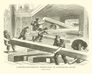 Lumpers entladen Holzschiff in den Handelshäfen (Gravur) von English School