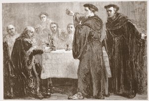 Luther fordert Carlstadt heraus, gegen ihn zu schreiben, Illustration aus Die Geschichte des Protestantismus von James Aitken Wylie, veröffentlicht 1878