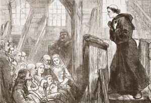 Luther predigt in der alten Holzkirche in Wittenberg, Illustration aus Die Geschichte des Protestantismus von James Aitken Wylie, veröffentlicht 1878 von English School