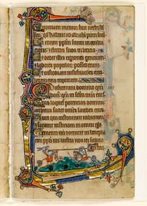 MS 1-2005, fol. 151r: Ein Hund und ein Hase beim Turnier, Randdekoration aus dem Macclesfield Psalter, Use of Sarum, Ostanglien, um 1330