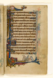 MS 1-2005, fol. 15r: Ein Hase und ein Hund spielen eine Orgel, Randdekoration aus dem Macclesfield Psalter, Use of Sarum, Ostanglien, um 1330 von English School