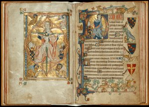 Der Thron der Barmherzigkeit mit Stiftern, Christus segnet mit einem Stifter, ca. 1314-30 von English School