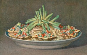 Mazedonien in Kisten mit Spargel (Farblithografie)