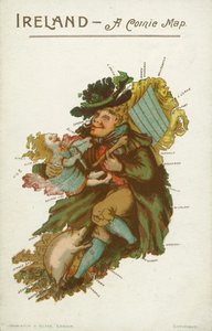 Mann, Kind und ein Schwein in Form einer Karte von Irland von English School
