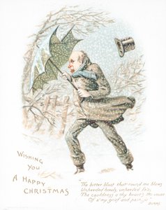 Mann geht durch Schnee im starken Wind, Weihnachtskarte von English School