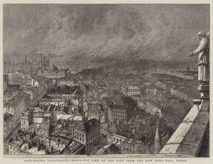 Manchester illustriert, Vogelperspektive der Stadt vom neuen Rathausturm (Gravur)