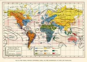 Weltkarte mit isothermen Linien und Verteilung von Rassen und Vegetation von English School